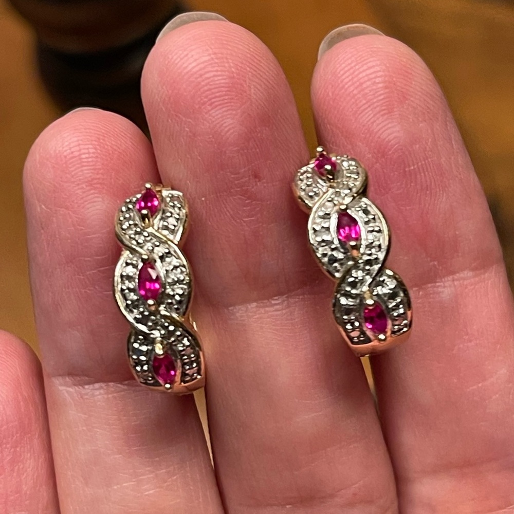 Natural diamond & lab grown ruby gold plated sterling silver earrings - Picture 8 of 12